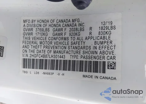 2020 Honda Civic Sport z USA, uszkodzony, nr VIN 2HGFC4B87LH301443